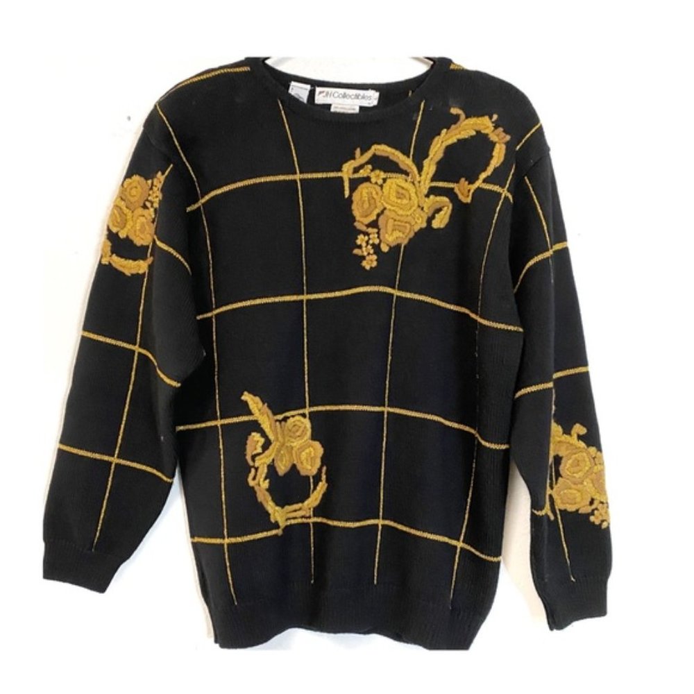 Vintage JH Collectibles Wool Sweater Black with METALLIC Gold Size Large